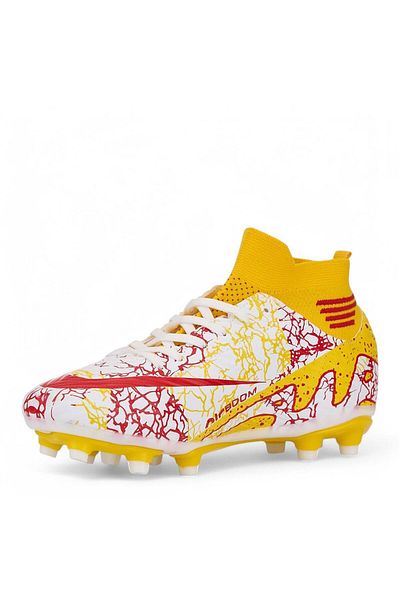 Nisanur Shoes Laliga Yellow-Red Sock Cleats Turf and Astroturf Football Shoes