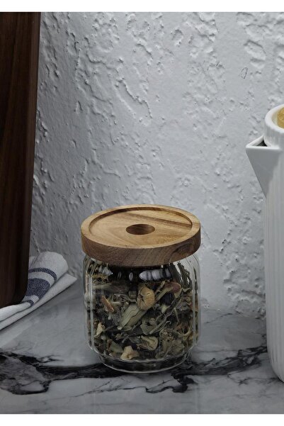HomeTarz Timber Cam Kavanoz - Çizgili Saklama Kavanozu - Ahşap Kapaklı, 500 ML