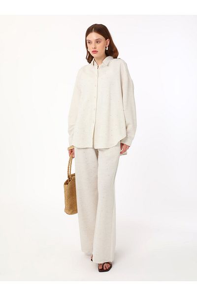 Refka Stone Detailed Viscous Mixed Double Suit - Cream - Refka