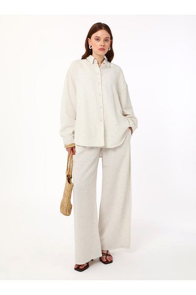 Refka Stone Detailed Viscous Mixed Double Suit - Cream - Refka