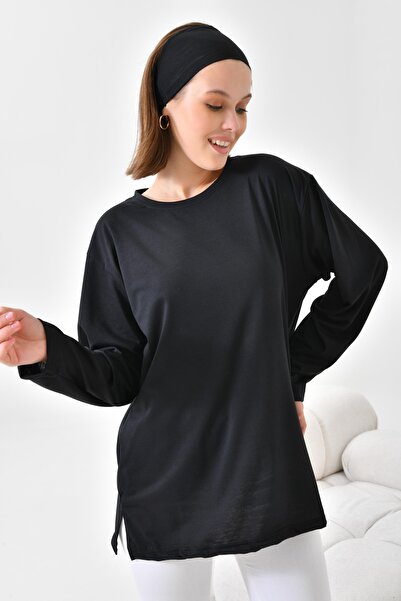 mirach Μαύρο βαμβακερό χτενισμένο τουνίκ μακρυμάνικη μπλούζα T-shirt Top
