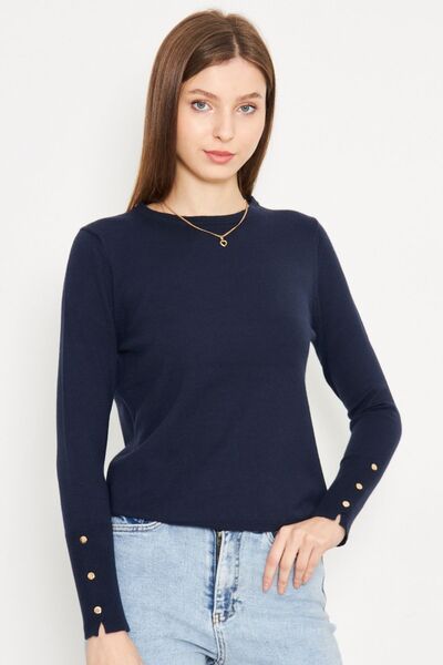 Irmak Kerekli Women's Navy Blue Crew Neck Sleeve Snap Fastener Knitwear Sweater 1060