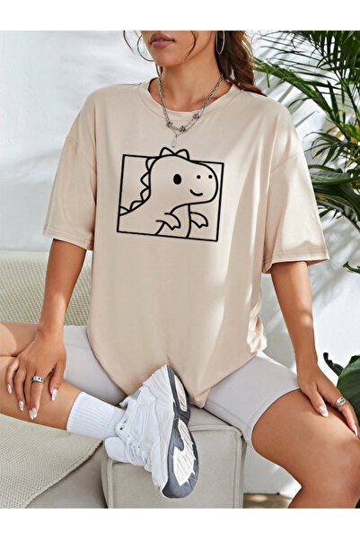 Revasser Unisex Erkek/Kadın Dino Renkli Özel Baskılı Oversize Pamuklu Bisikle...