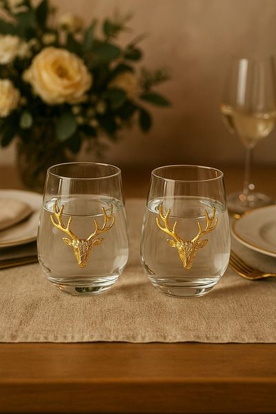 Arma House Set of 2 Stylish Glass Cups with Gold Deer Figures