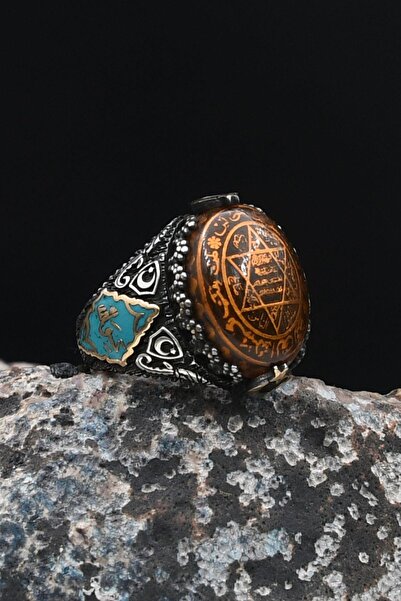 Prestige Hz. Süleyman Mührü ve Hasbiyallah Yazılı Sıkma Kehribar Taşlı 925 Ay...