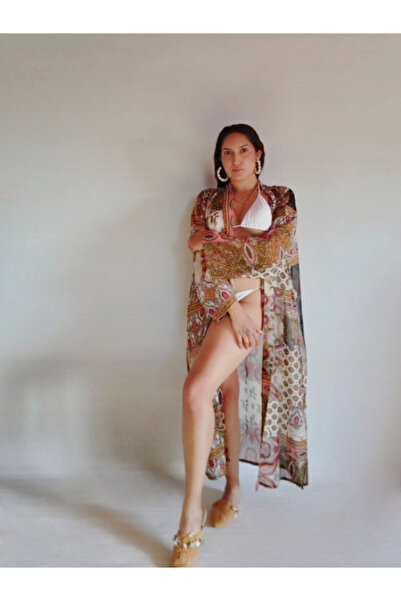 SEVAL KOCA Etnik Desenli Kahve Tonlarında Şifon Transparan Maxi Boy Pareo/ Kimono