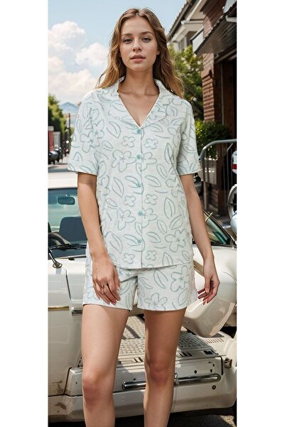 Loule Kadın Ev Giyim Yeşil Desenli Kısa Kollu Üst & Şort İkili Pijama Takımı LA.L01.I1.SS001