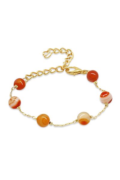 Tesbihane Gold Color Metal Chain Globe Cut Agate Natural Stone Women's Bracelet
