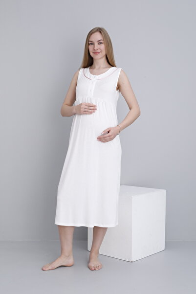 Miss Dünya Lissa Sabahlıklı Emzirmeye Uygun Şerit Detaylı Hamile ve Lohusa Sıfır Kol Gecelik Takımı