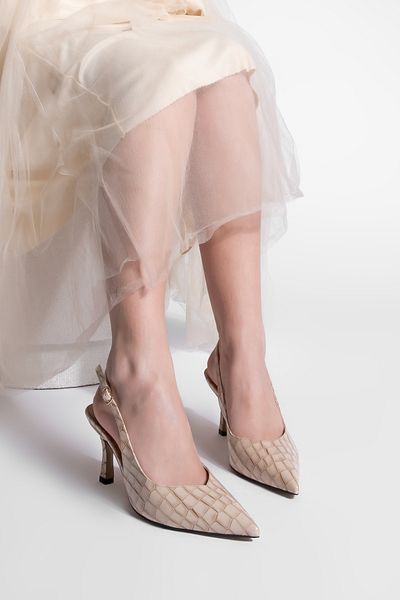 Marjin Dámské boty na jehlové špičce Croco Slingback na podpatku Andis Beige Croco