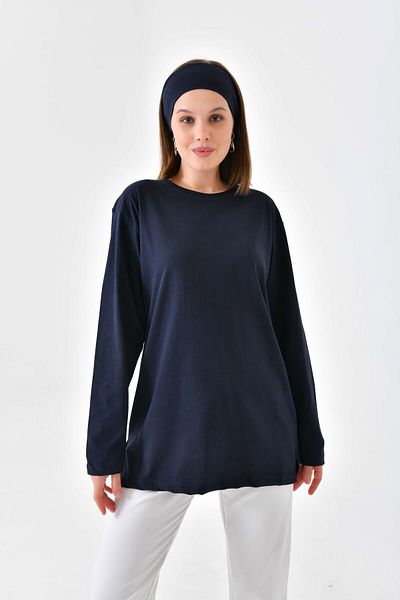 mirach Navy Blue Cotton Combed - Long Sleeve Tunic and Blouse T-Shirt, Bandana Gift, Thin Anti-Sweat