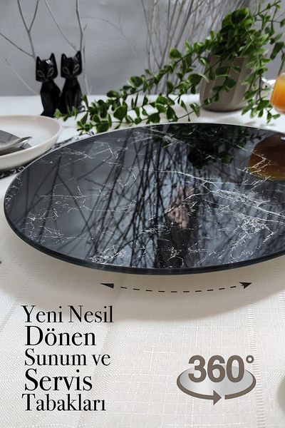 Sunum360 Black Marble Patterned Luxury Service Presentation Plate with Rotating Stand, Rotating Cake and Cheese Plate Stand