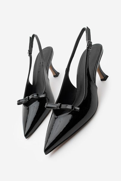 Marjin Damen-Stiletto-Schuhe mit spitzer Zehenpartie und Schleife, detailliertem Slingback-Absatz, Nussbraunes Lackleder