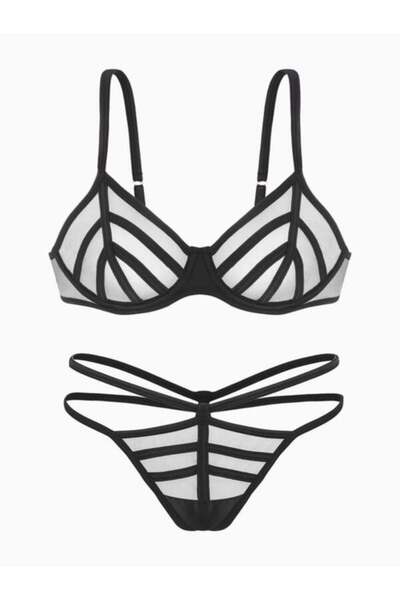 IVONA LINGERIE Black Fashion Satin Bias Tulle Bra Thong Set