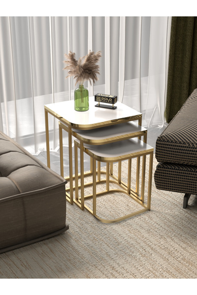 GOLDFALEZ Zigon Sehpa Damla Gold Beyaz