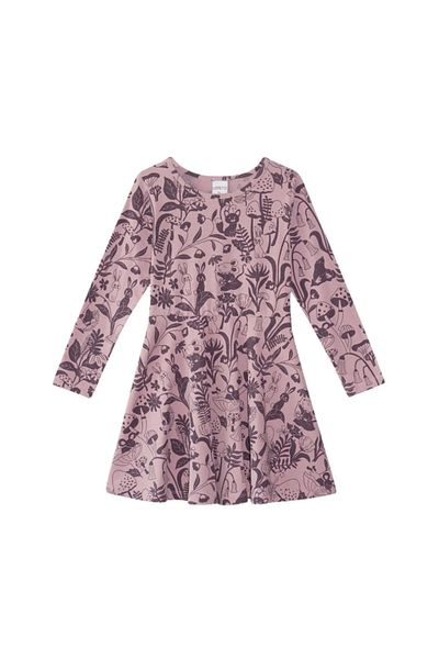 LOVETTI Dusty Rose Girl's Forest Animals Pattern Straight Long Sleeve Dress