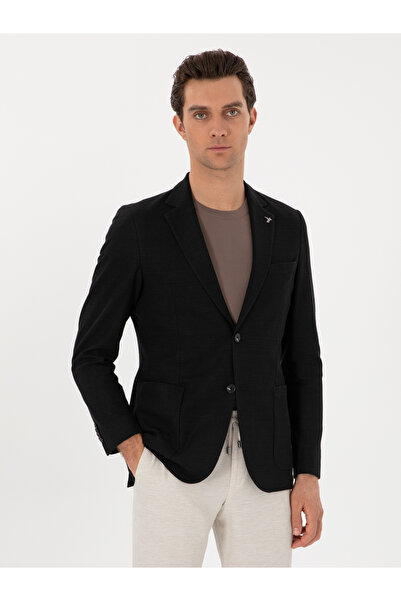 Cacharel Black Slim Fit Wool Linen Blend Micro Pattern Jacket 50306814-Vr046