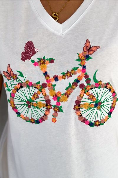 FEMELLE Women's White V-Neck Bicycle Embroidered 100% Cotton T-Shirt