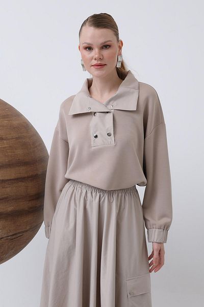 Puane Women's Snap Detailed Elastic Waist Suit - 14298Tks - Beige
