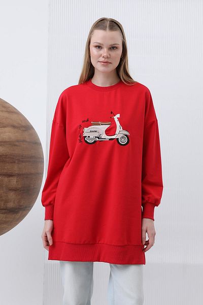 Puane Women's Front Scooter Printed and Garnished Tunic - 10636Tun - Red