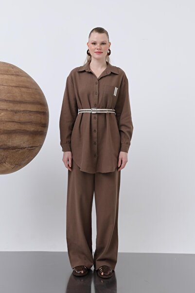 Puane Kadın Beli Büzgülü Ve Cep Detaylı Gömlek Ve Pantolonlu Takım - 14313TKS - Kahve