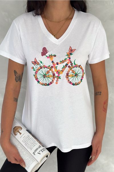 FEMELLE Women's White V-Neck Bicycle Embroidered 100% Cotton T-Shirt