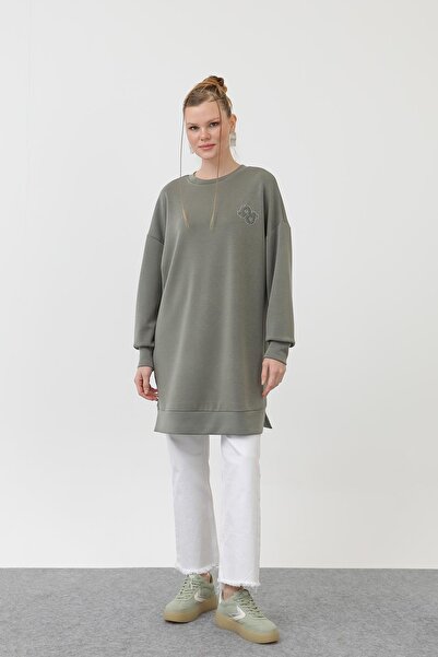 Puane Kadın Önü Nakış Ve Taş Detaylı Tunik - 10614TUN - Haki