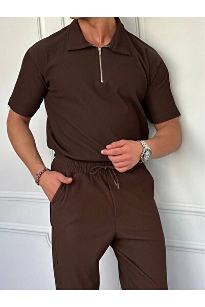 DAPHN Men-Women Unisex Ribbed Polo Collar Zippered Ottoman Brown T-Shirt