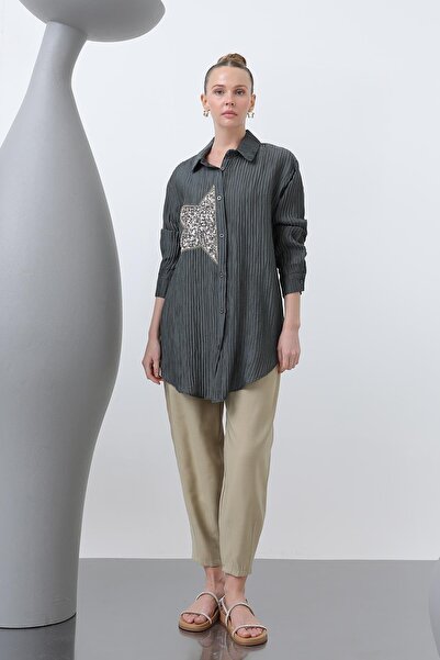 Puane Kadın Önü Yıldız Nakışlı Gömlek Tunik - 10646GML - Antrasit