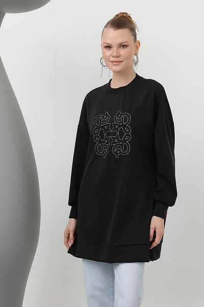 Puane Women's Front Pasted Stone Detailed Tunic - 10612Tun - Black