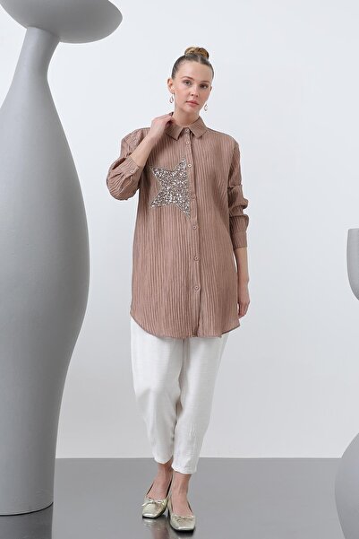 Puane Cămașă cu broderie cu stea în față pentru femei - 10646GML - MINK