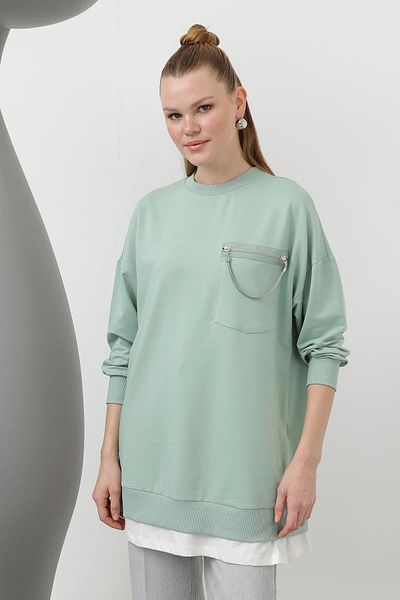 Puane Women's Double Sided Ornamental Zipper Detailed Tunic - 10620Tun - Almond Green