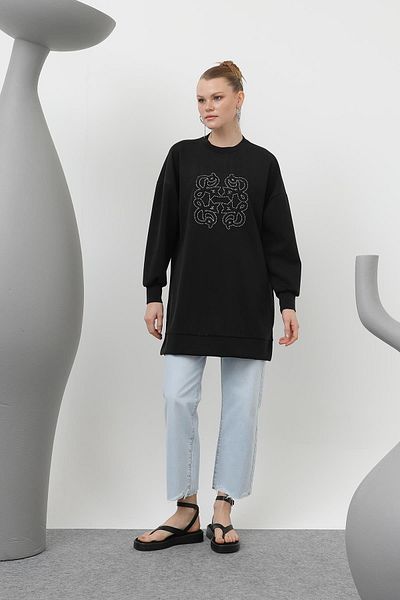 Puane Women's Front Pasted Stone Detailed Tunic - 10612Tun - Black
