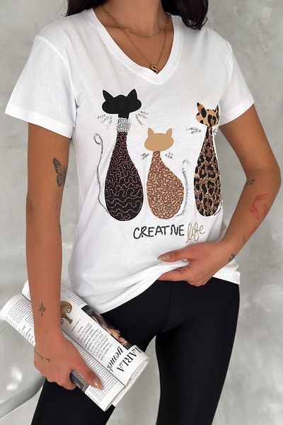 FEMELLE Women's White V-Neck Cat Sequin Embroidered 100% Cotton T-Shirt