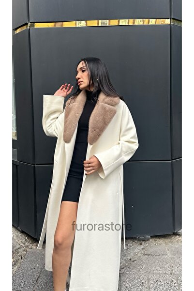 Furora Store Kadın Kaşmir Kaban Vizon Yakalı -Bej Kürklü Kadın kaşmir Ceket- ...