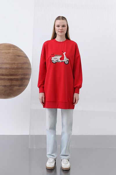 Puane Women's Front Scooter Printed and Garnished Tunic - 10636Tun - Red