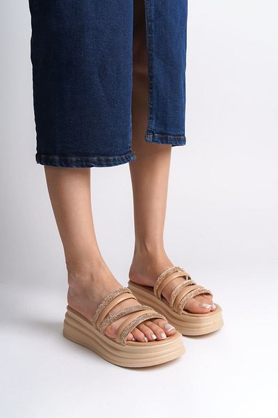 Zerenyus Γυναικείες παντόφλες ELA Flat Heel Stripe Stoned με χοντρή και ορθοπεδική σόλα