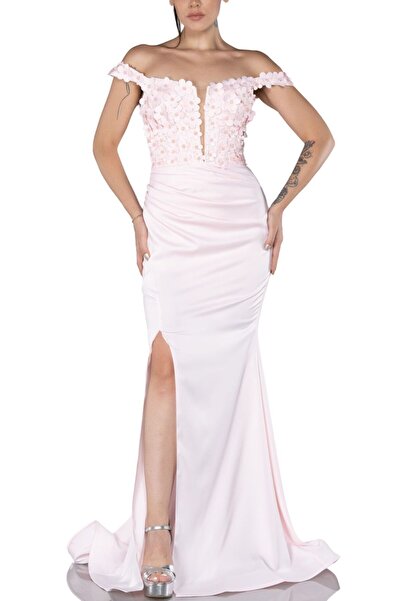 Arden Long Satin Evening Dress, Strapless Slit Mermaid Evening Dress, Flower Detail Elegant Wedding, Graduation Dress, 38-44