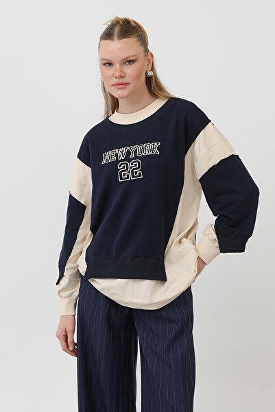 Puane Women's Embroidered Sweat - 32121Swt - Beige-Navy Blue
