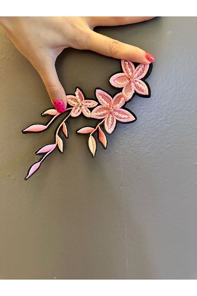 Gönülden Tasarım 20X11 cm Bead Stone Stitch Pink Embroider Stitch Flower Coat Applique