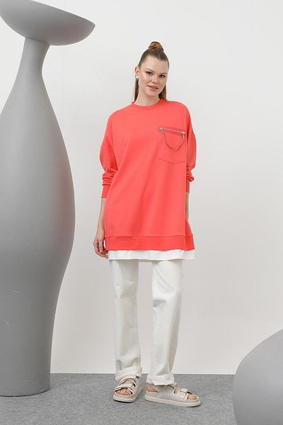 Puane Women's Double Sided Ornamental Zipper Detailed Tunic - 10620Tun - Coral