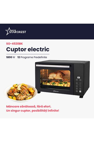 STARCREST Cuptor electric STARCREST SO-4520BK , 45L, 1800W, Rotisor, Convectie, 12 Programe