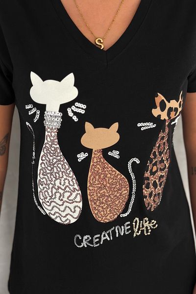 FEMELLE Tricou de damă, negru, cu decolteu în V, cu paiete de pisică, brodat, 100% bumbac