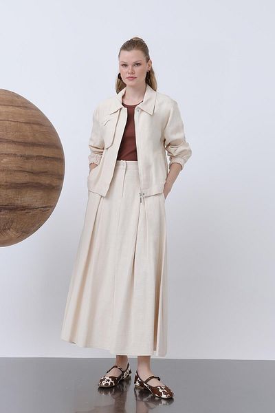 Puane Women's Hidden Placket Zippered Skirt Suit - 14315Tks - Beige