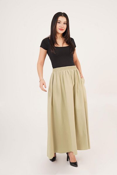 Hipo Trend Elastic Waist Pocket Gabardine Khaki Skirt