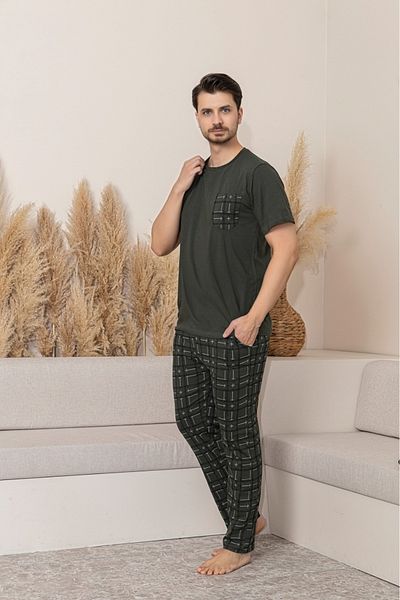 Temporium Ανδρικό σετ πιτζάμες με εμπριμέ κοντομάνικο πλεκτό χτενισμένο βαμβακερό με τσέπες