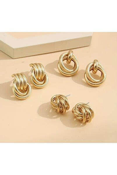 Marchen Collection Kadın 3 Çift Altın Renk Küpe Seti Çok Katmanlı Altın Çember Tasarımlı Küpe