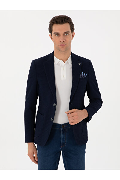 Cacharel Navy Blue Slim Fit Textured Wool Blend Jacket 50299875-Vr033