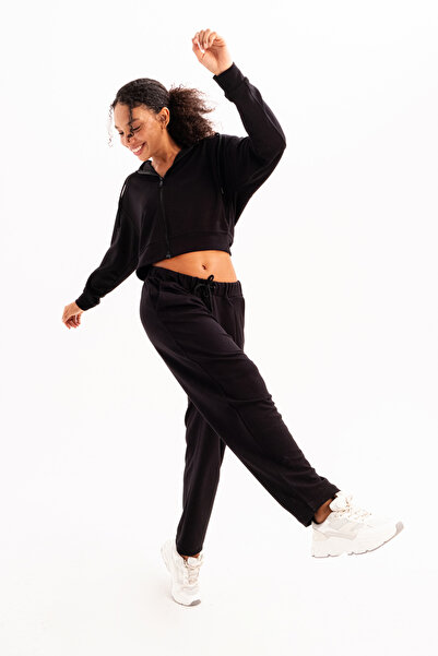 JUSTEVER Oversize Fit Elastic Bottom και Crop Hoodie Μαύρο Σετ αθλητικής φόρμας - Chic