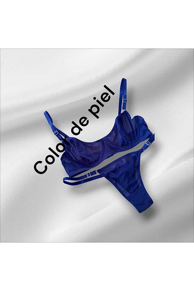 COLOR DE PIEL Underwire Cupless Saks Blue Plain Tulle Bra Suit (Bra-Tanga)